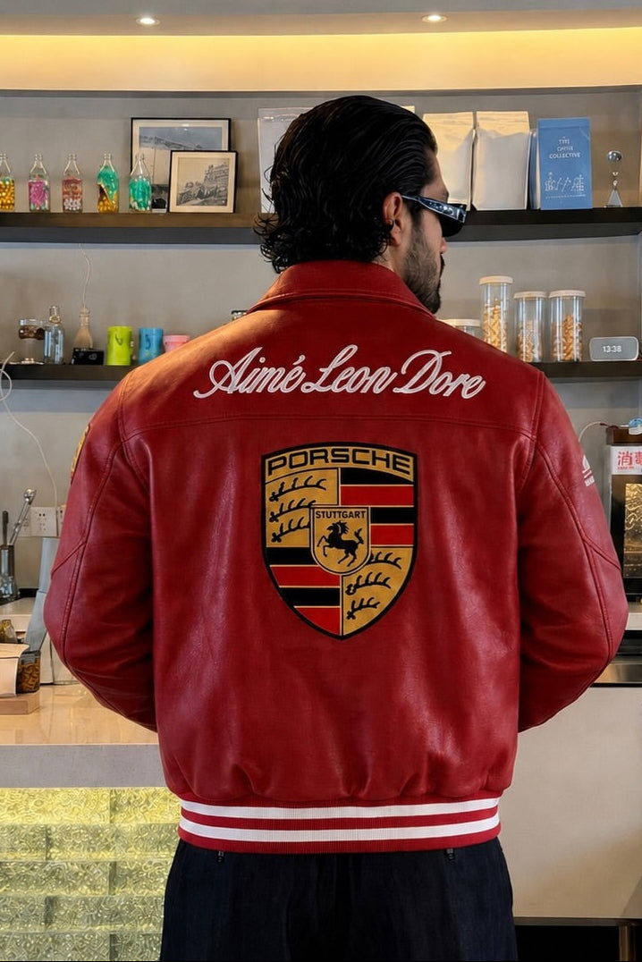 Red Porsche-inspired racing jacket for men back view by Northly