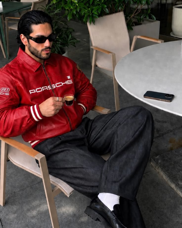 Northly red leather racing jacket sleeve and stitching detail Vintage-inspired red racing jacket with sporty detailing