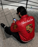 Premium red leather racing jacket product details Red racing jacket for streetwear outfit