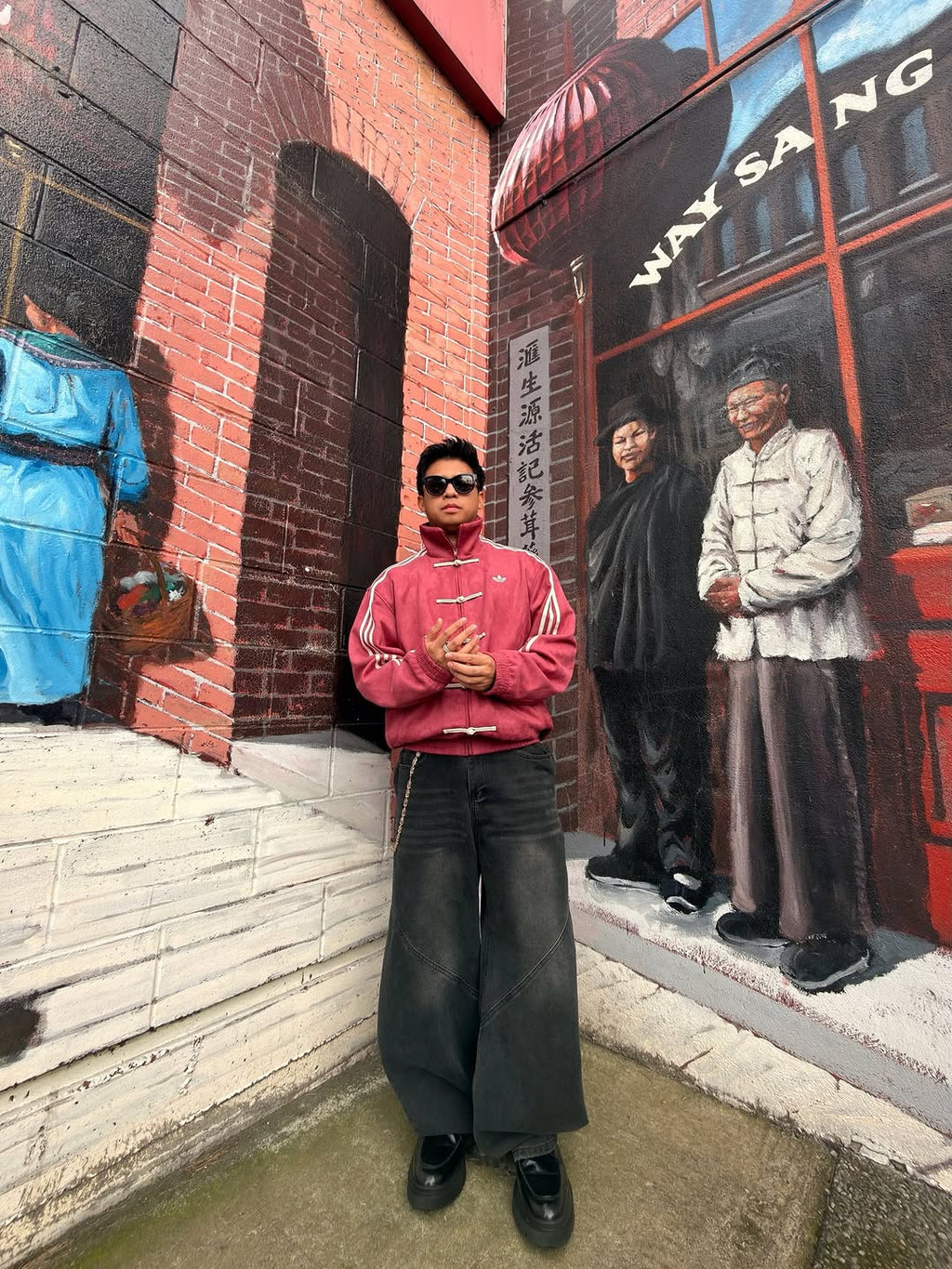 Premium festive streetwear layering jacket in red worn over a white t-shirt