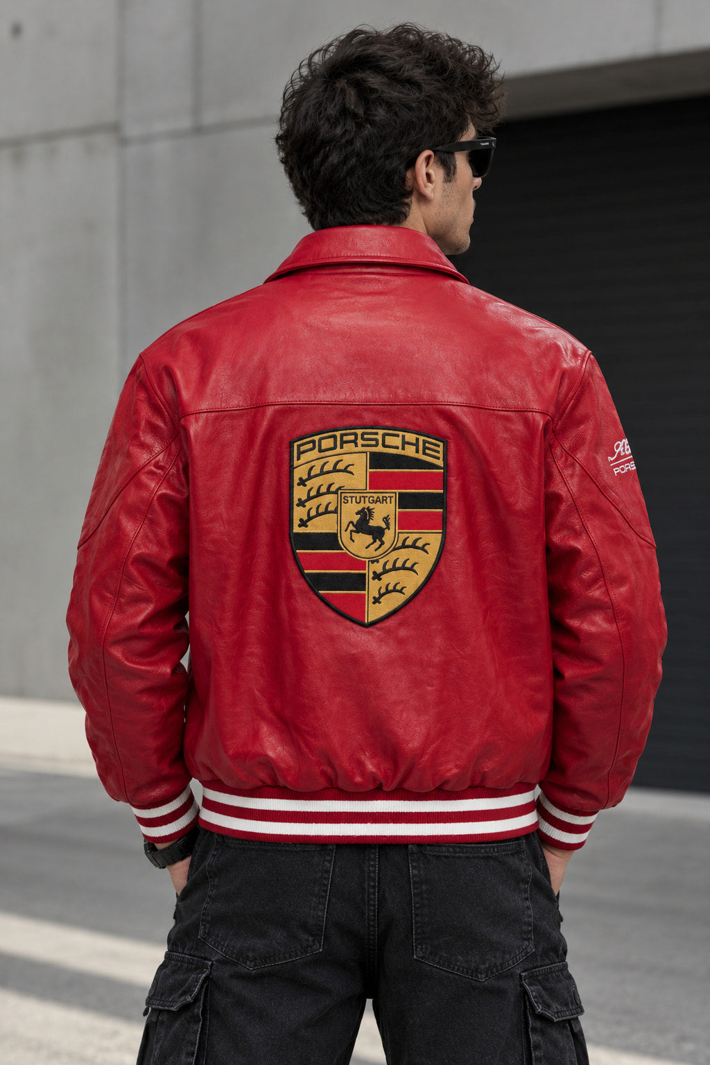 Premium red leather racing jacket for men with zip closure - back view