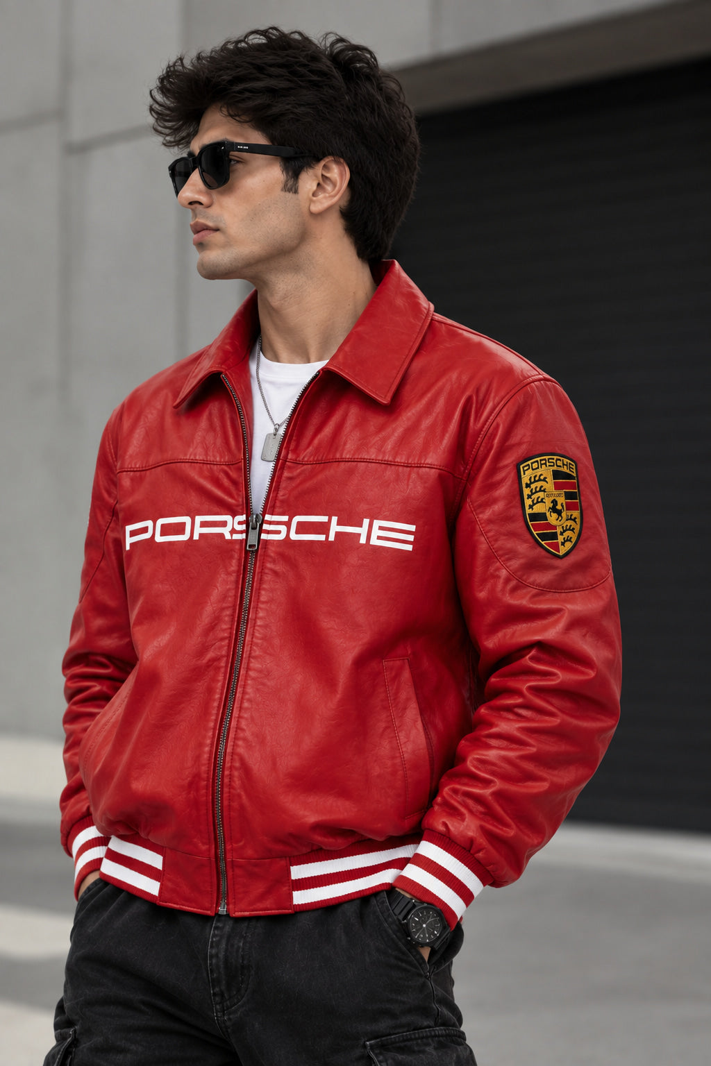 A man wearing a red leather Porsche bomber jacket with white 'PORSCHE' lettering on the chest and a Porsche crest patch on the sleeve, styled with black pants and sunglasses.