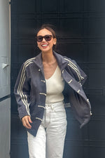 Woman wearing Northly CNY Dark Grey Jacket – Chinese New Year 2026 Tang Style Street Jacket India