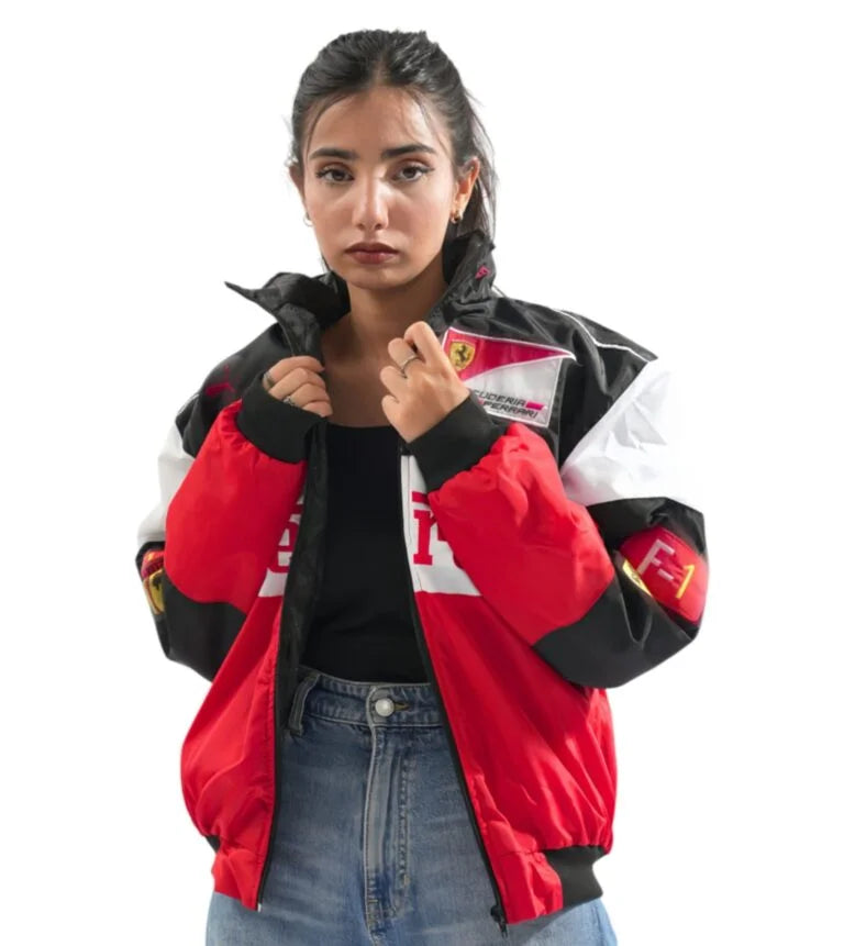 Front view of Northly womens Ferrari tri-color racing jacket in red, white and black with oversized streetwear fit