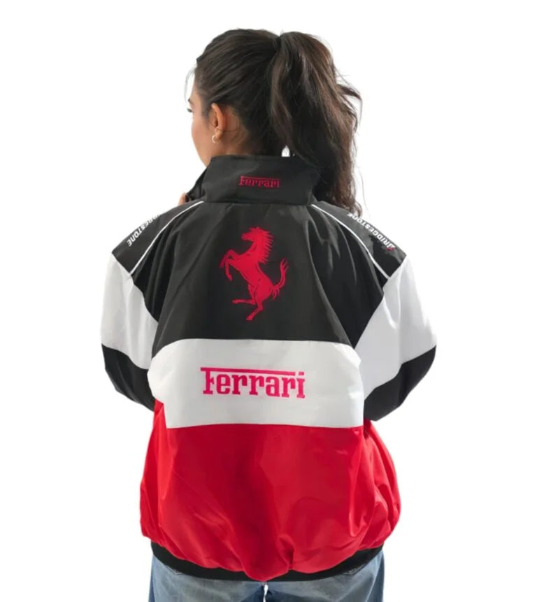 Back design of Northly tri-color Ferrari style racing jacket for women showing structured streetwear drape