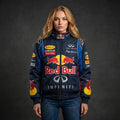 Front view of the blue women redbull jacket f1 bomber jacket with high-quality prints