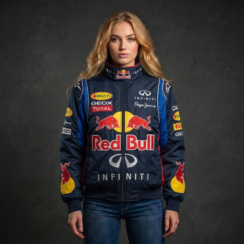 Front view of the blue women redbull jacket f1 bomber jacket with high-quality prints