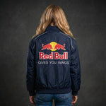 Model wearing the oversized redbull f1 jacket for girls styled with everyday streetwear