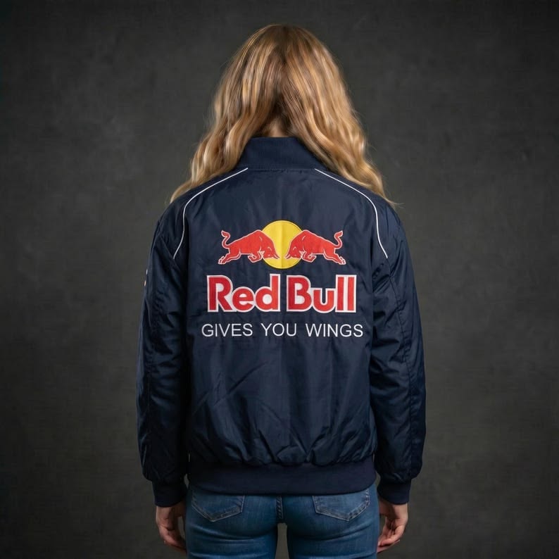 Model wearing the oversized redbull f1 jacket for girls styled with everyday streetwear