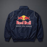 Back view of the vintage womens redbull racing jacket showing the vibrant printed logos