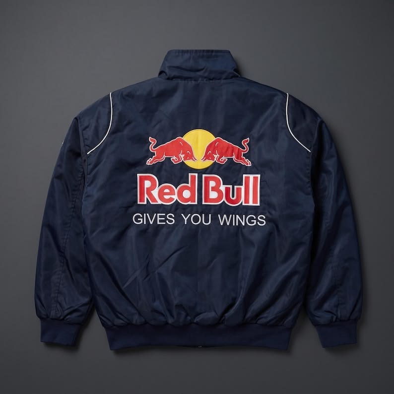 Back view of the vintage womens redbull racing jacket showing the vibrant printed logos