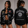 Front view of the women vintage black jack daniels parchute jacket with premium logo prints