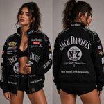 Front view of the women vintage black jack daniels parchute jacket with premium logo prints