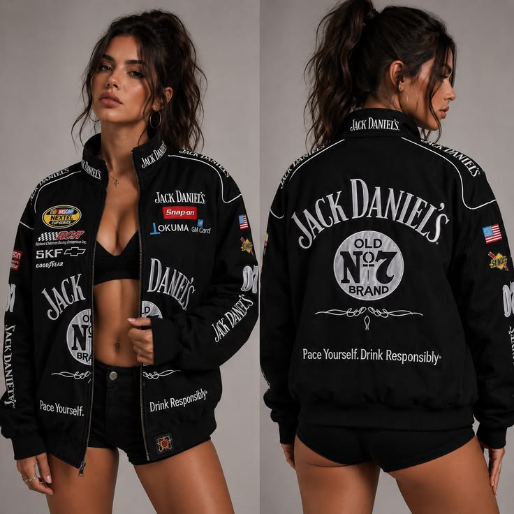 Front view of the women vintage black jack daniels parchute jacket with premium logo prints