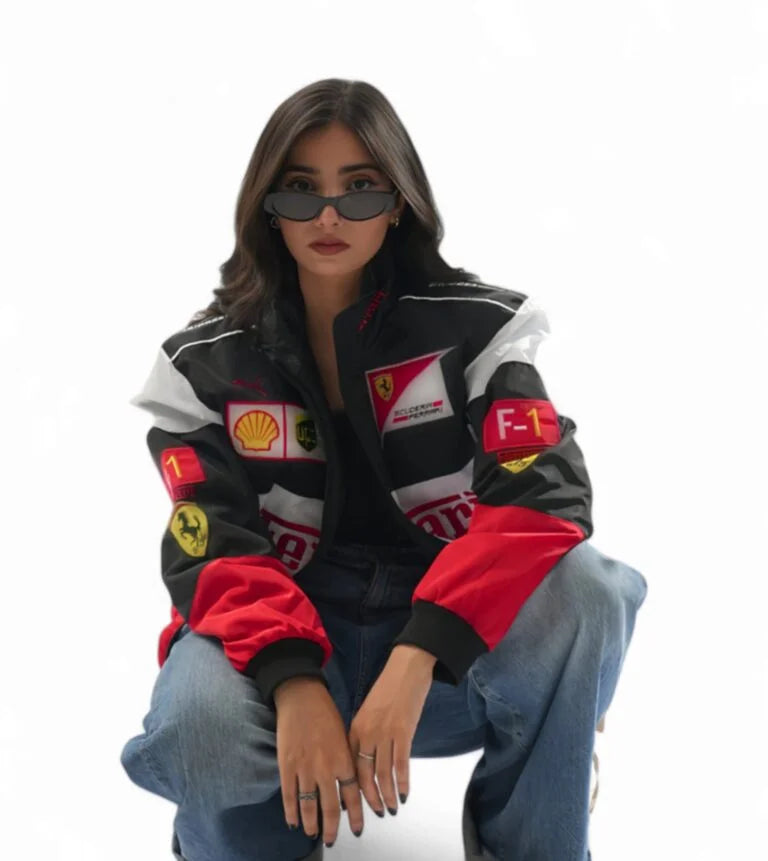 Female model wearing vintage Ferrari inspired tri-color F1 jacket with relaxed drop shoulder y2k aesthetic